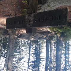 Panneau de bois marqué 'PIERRES A CUPULES' en première plan et en arrière plan, au milieu des arbres, des pierres lissées par le temps où l'on peut apercevoir des trous